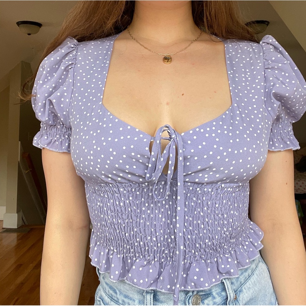 Shein Purple Polka Dot Puffed Sleeve Shirt